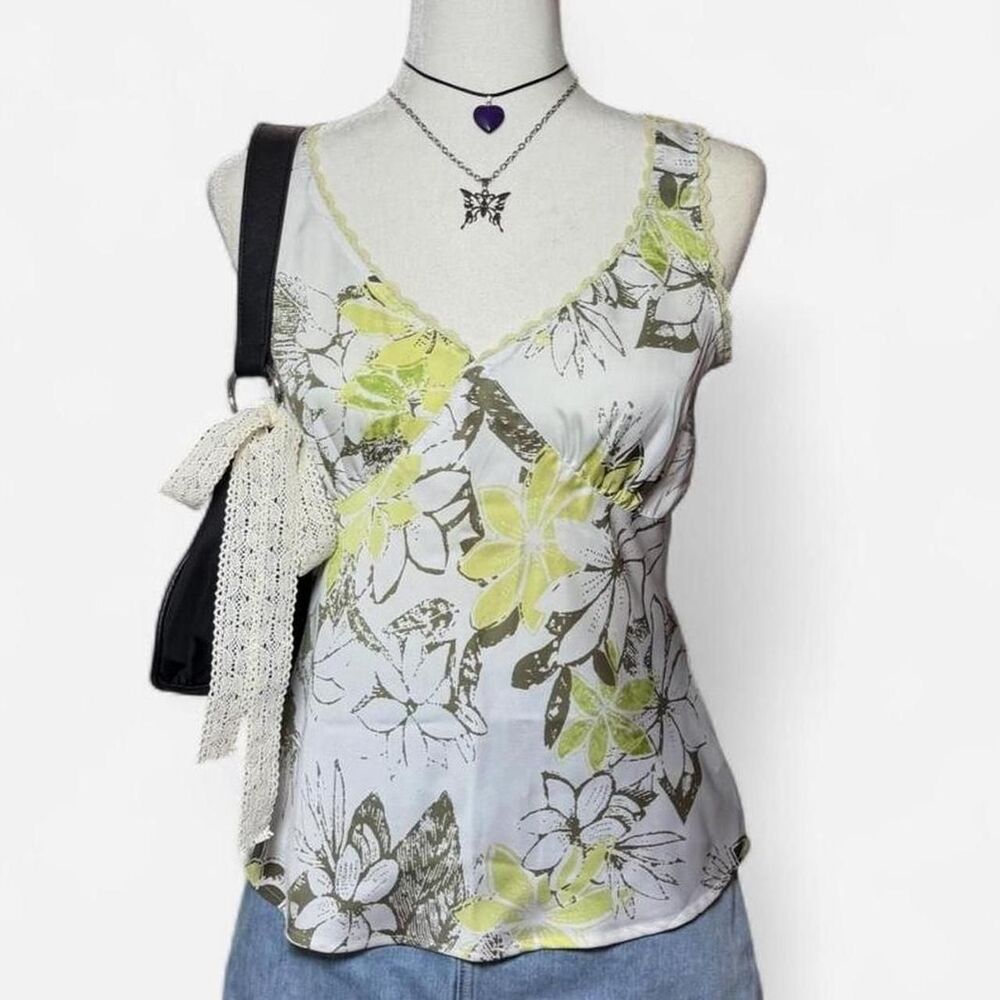 Vintage Y2K Floral Lace Trim Satin Tank Top
